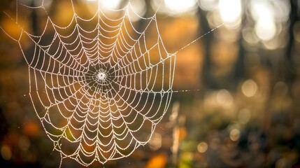 A close-up of a spider web in the forest, with blurred trees and bokeh effects creating a mysterious atmosphere