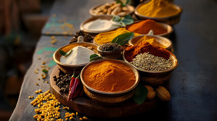 Indian cuisine spices in India map. 