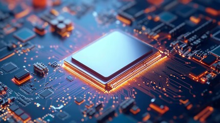 Abstract AI circuit board with tech lines, processor, and chip illustration. Digital motherboard background. 
