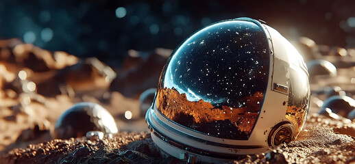 Wall Mural - a reflective space helmet sits on an alien planet surface, set against a vast cosmic backdrop, evoki
