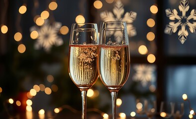 Wall Mural - Backdrop photo of Champagne glasses filled with bubbly positioned against a backdrop of twinkling holiday lights luxury elegant bubbles 