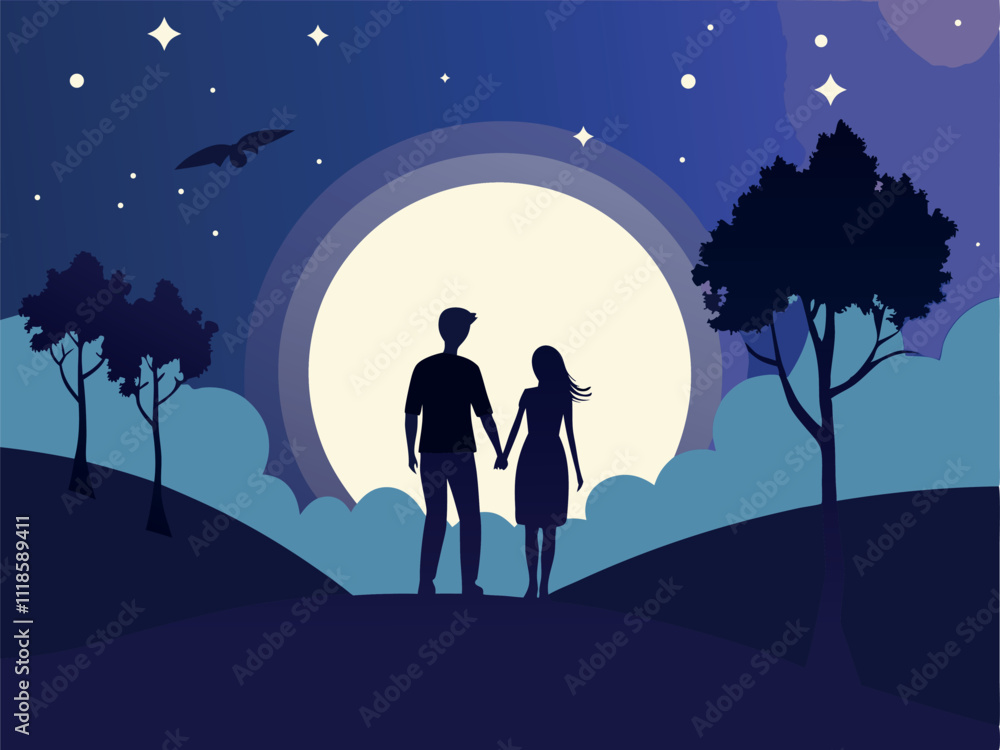 romantic couple under full moon holding hands silhouette. eps 10 Stock ...