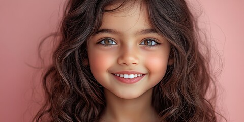 Wall Mural - Smiling girl with long wavy hair against a soft pink background, radiating joy and warmth while looking directly at the viewer with sparkling eyes captured in a bright and cheerful setting