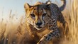 © loxia stock image - Cheetah in full sprint through tall grass, dust clouds erupting around it