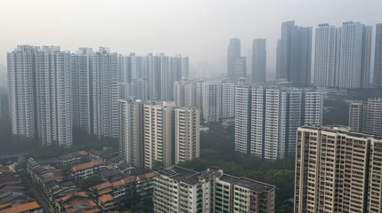  Foggy aerial view of urban skyscrapers