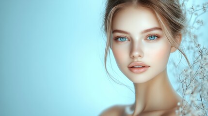 Wall Mural - Beautiful young woman with mesmerizing blue eyes posing elegantly against a soft blue background surrounded by delicate white flowers