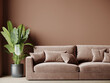 © Viktoriia Lytvyn - Modern living room with sofa in chocolAte colors. Wall painted trend mocha mousse tone 2025 year. Warm palette  of design interior room and furniture. 3d render