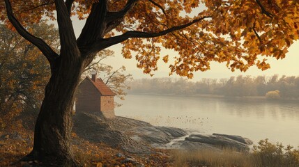 Wall Mural - autumnal cabin by a river, golden foliage, tranquil scene.