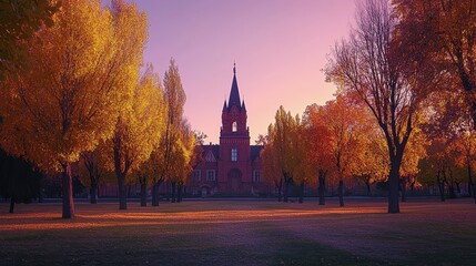 Wall Mural - autumnal church in park at sunrise.