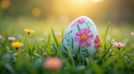  A close-up of a beautifully decorated Easter egg nestled in grass, surrounded by small wildflowers, capturing the essence of spring and the excitement of the egg hunt