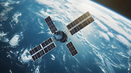 Wall Mural - A detailed satellite or space station orbits above Earth, showcasing solar panels against a backdrop of blue oceans and clouds.