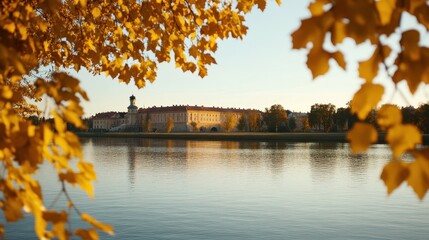 Wall Mural - autumnal view of a palace by a river framed by golden leaves.