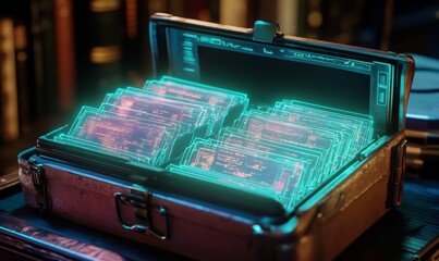 Glowing digital code fills metallic case.