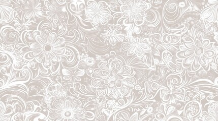 Elegant, light beige background with a repeating pattern of white floral designs and swirls.
