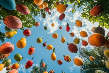 Wall Mural - Colorful fruit falling against blue sky.