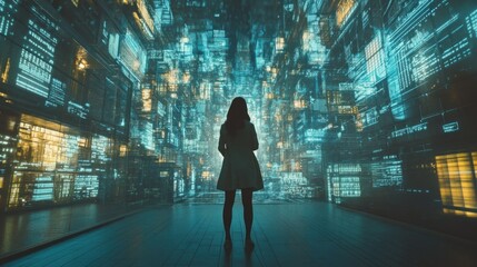 Woman silhouetted against a futuristic digital cityscape, exploring a vast expanse of data streams and information architecture.