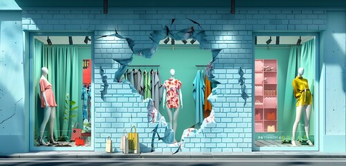 Wall Mural - Stylish retail storefront with a broken light blue brick wall, showcasing trendy fashion mannequins and vibrant window displays.