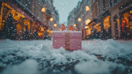 Poster - A pink gift box sitting in the snow on a city street