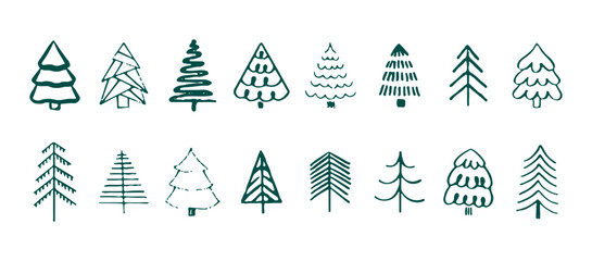 Minimalist Christmas tree collection. Hand drawn evergreen tree illustrations. Doodle style for winter holiday decoration and festive design. Vector set.