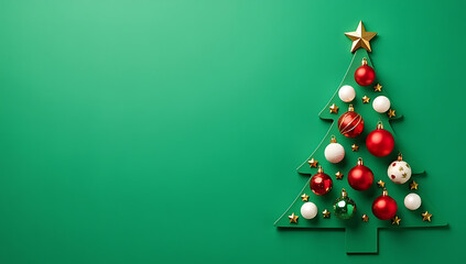 Wall Mural - A festive Christmas tree cutout features red, green, and white ornaments along with gold stars on a green background for holiday decorations._00001_