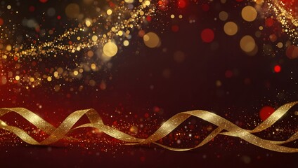 Wall Mural - A dark red background with gold ribbons and sparkling gold particles. Bokeh lights in red and gold.

