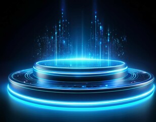 hologram effect of circle digital portals with blue neon light futuristic podiums and teleport platf