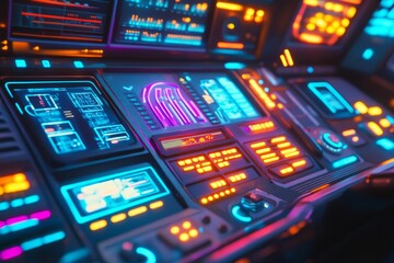 Futuristic control panel; glowing neon displays.