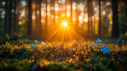 Poster - A field of blue flowers in the middle of a forest