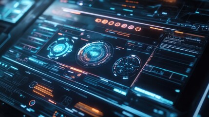 Futuristic digital interface with glowing HUD elements displaying data and information.