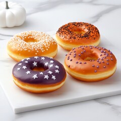 Wall Mural - Colorful donuts with festive toppings and decorations on a light background