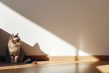 Poster - A tabby cat playing with a ball-and-track toy on a wooden floor in a minimalistic room.