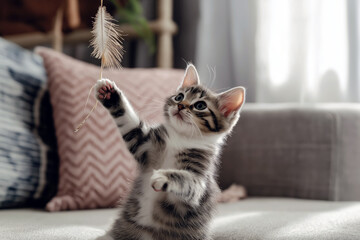 Poster - A playful kitten batting at a hanging feather toy in a cozy living room setting.