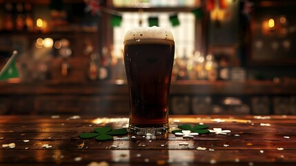 A pint of dark Irish stout beer, with a creamy foam top, surrounded by shamrocks and small Irish flags on a wooden pub table 