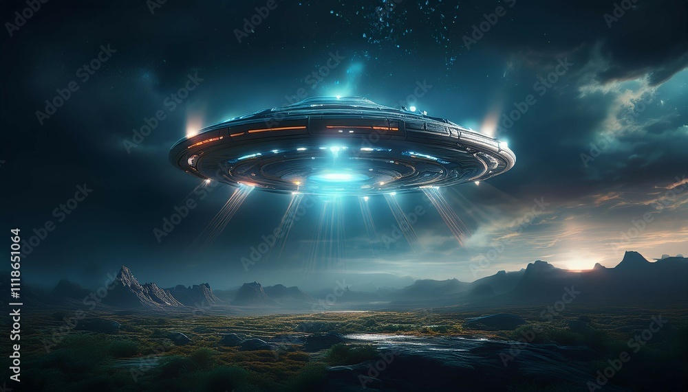 dark sky with flashing lights and geometric shapes ufos hovering near ...
