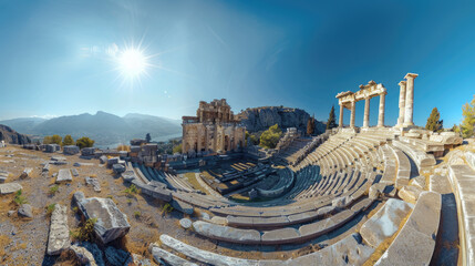 Wall Mural - Ancient Greek theatre in summer, scenery of old building ruins and sun in Greece. Concept of landscape, travel, history