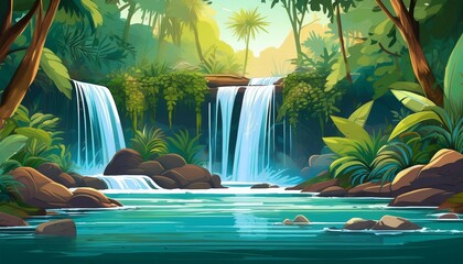 Canvas Print - horizontal ai illustration river with waterfall in a tropical forest concept landscapes nature