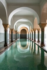 Poster - Arched hallway, reflecting pool, tranquil, serene, tiled.