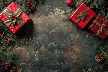 Wall Mural - christmas background with red christmas boxes, pattern