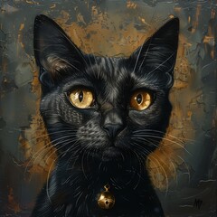 Naklejka na meble Close-up portrait of a majestic black cat with striking golden eyes.