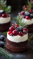 Wall Mural - Delicious chocolate cake with fresh berries and cream on a festive table