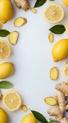 Canvas Print - Fresh lemons and ginger arranged on a white surface for a natural food display