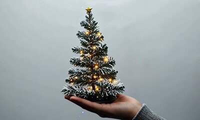 Wall Mural - A person holds a small decorated Christmas tree with lights, inspiring festive decoration ideas for the holiday season