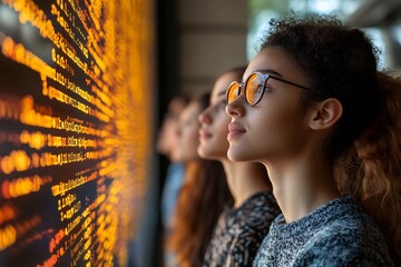 digital business theme focusing tech workers with elements like tablets coding screens and futuristi