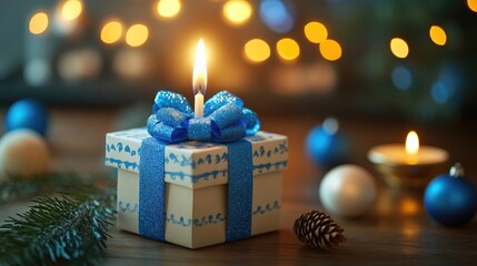Wall Mural - christmas gift box with burning candle and festive decorations