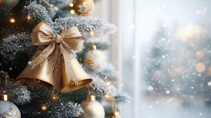 Wall Mural - christmas bells hanging on decorated christmas tree near snowy window