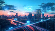 © Daniel - A smart city with a network of connections and IoT, illustrated in digital graphics above the skyline, marked as AIG41.