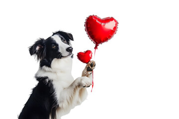 Wall Mural - St. Valentine's Day concept. Funny portrait cute puppy dog border collie holding red heart balloon in paw isolated on white background. Lovely dog in love on valentines day gives gift.