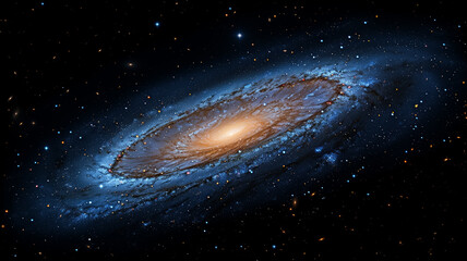 Wall Mural - detailed spiral galaxy with luminous orange core and swirling blue arms, surrounded by countless sta