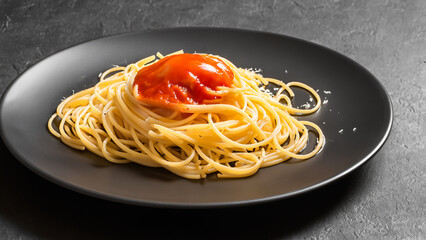 Dark plate with italian spaghetti on dark.