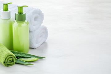 Poster - Natural skincare flat-lay showcasing pastel green lotion bottles, fresh aloe leaves, and white towels on a light marble surface